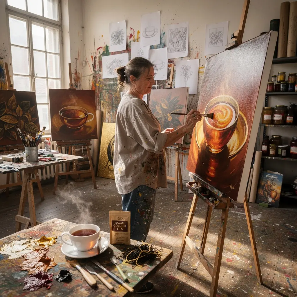 Friss Assam tea, aranysárga színű, gőzölgő pohárban