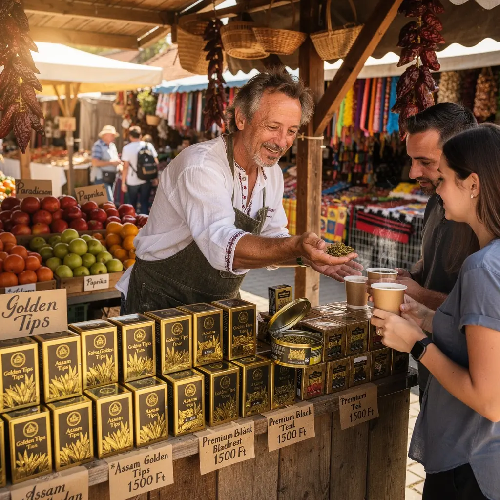 Assam tea, amit a napfény megvilágít a teáskanálon